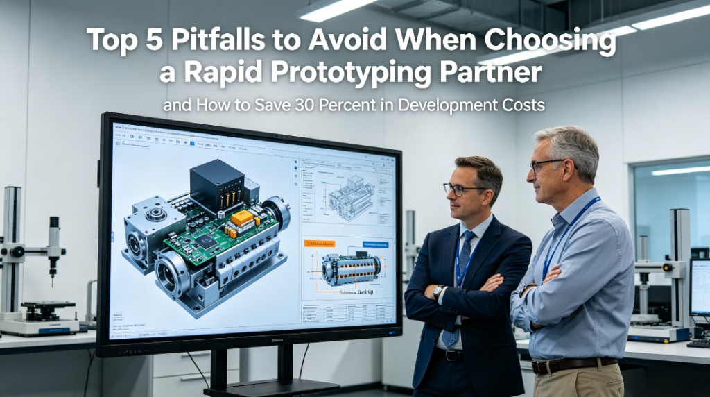 A hyper-realistic photo of a hardware innovator and a supplier engineer collaboratively reviewing a complex 3D product model and detailed DFM analysis on a large touchscreen in a modern R&D workshop, with the article title overlaid.