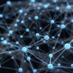 visualisation of connected blockchain network nodes glowing on a dark background