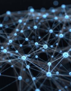 visualisation of connected blockchain network nodes glowing on a dark background