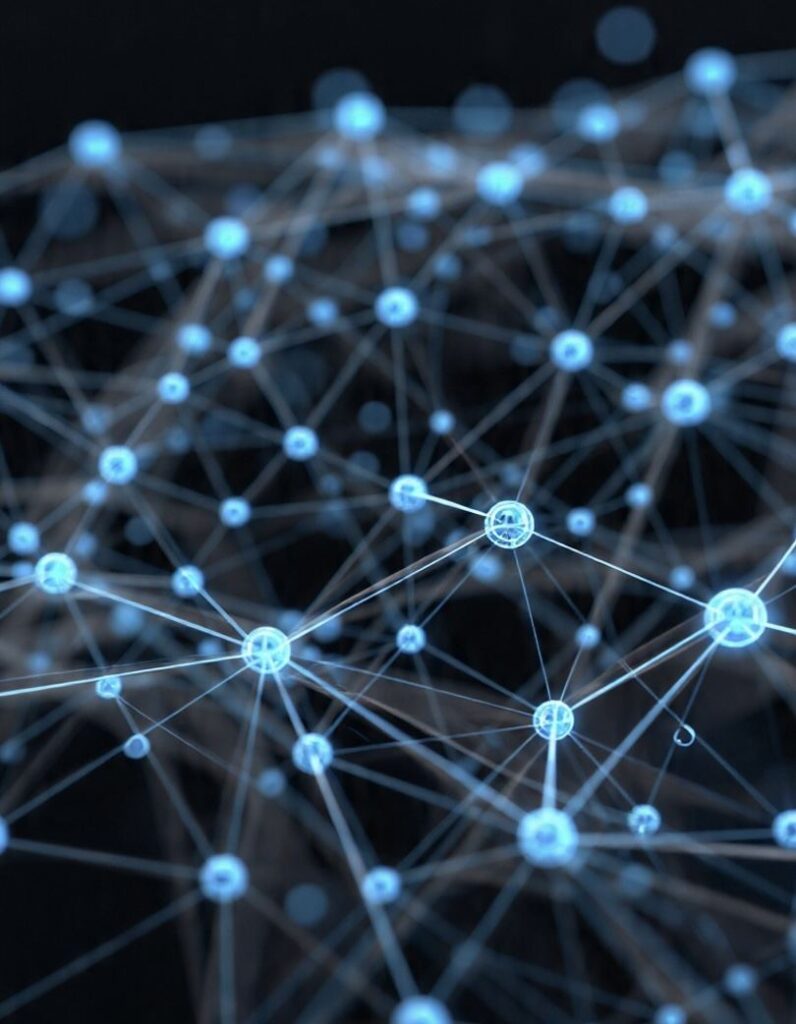 visualisation of connected blockchain network nodes glowing on a dark background