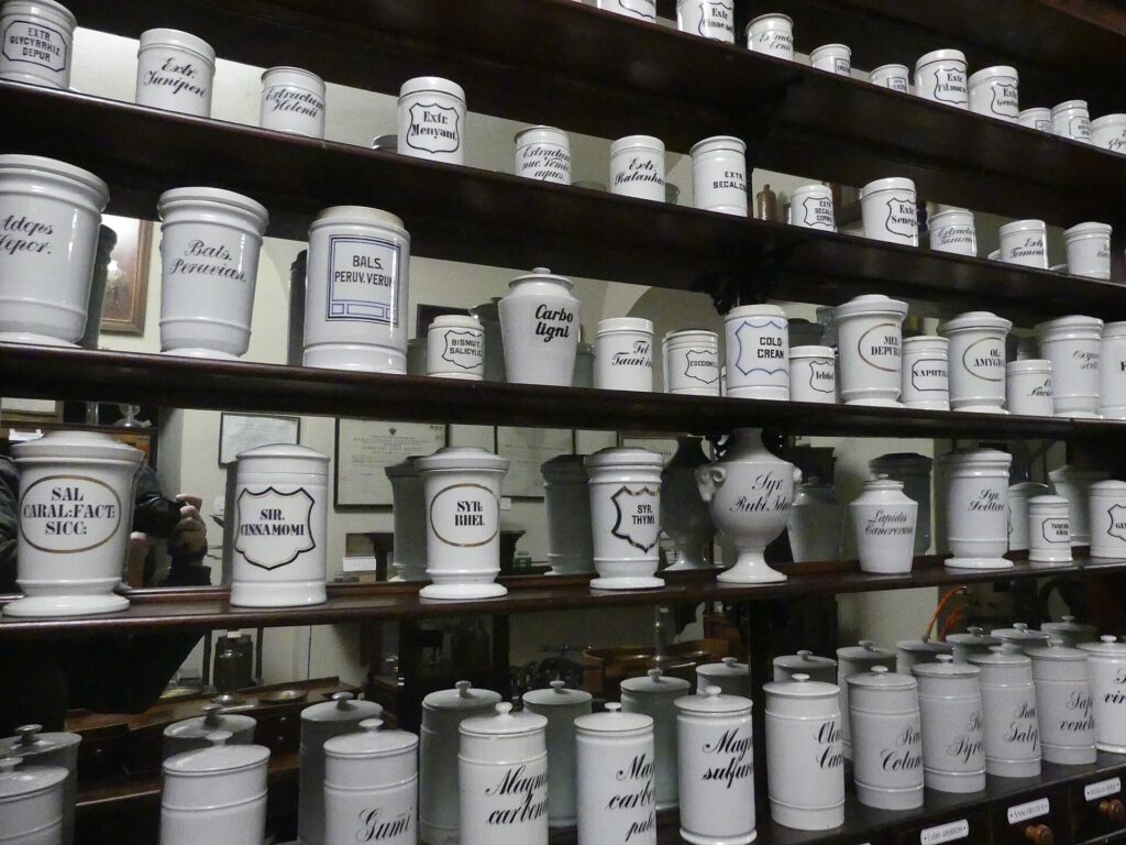Shelves of medication in a pharmacy