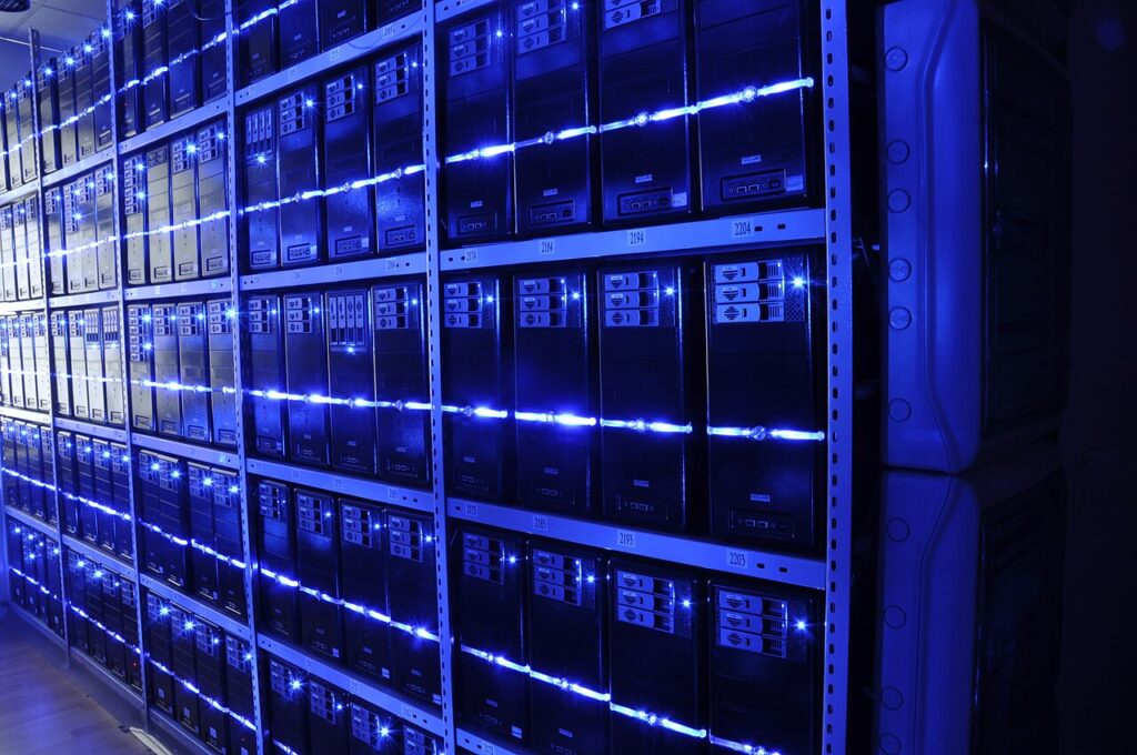 Rows of servers inside a modern data center